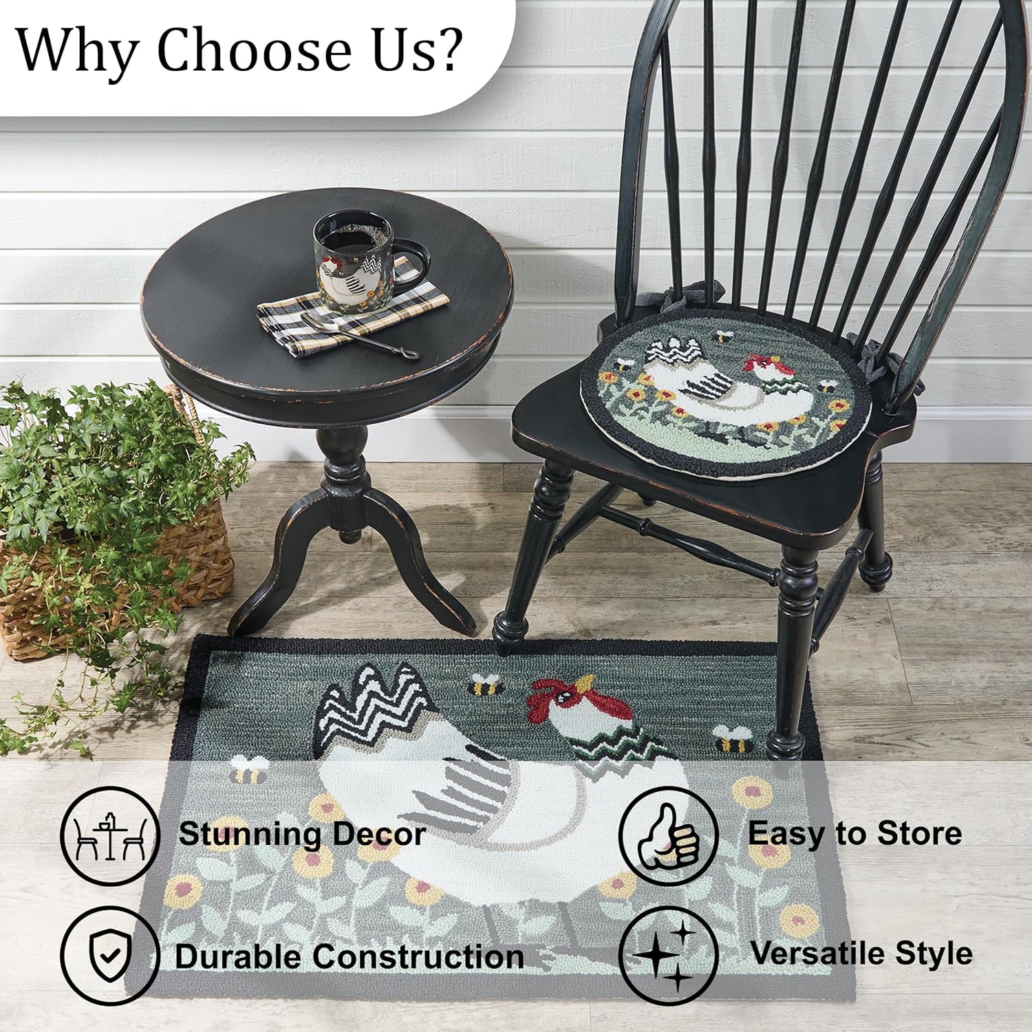 Park Designs My Little White Hen Hooked Chair Pad, Woven Farmhouse Style Seat Cover, Garden Farm Animal Print Seat Accessory