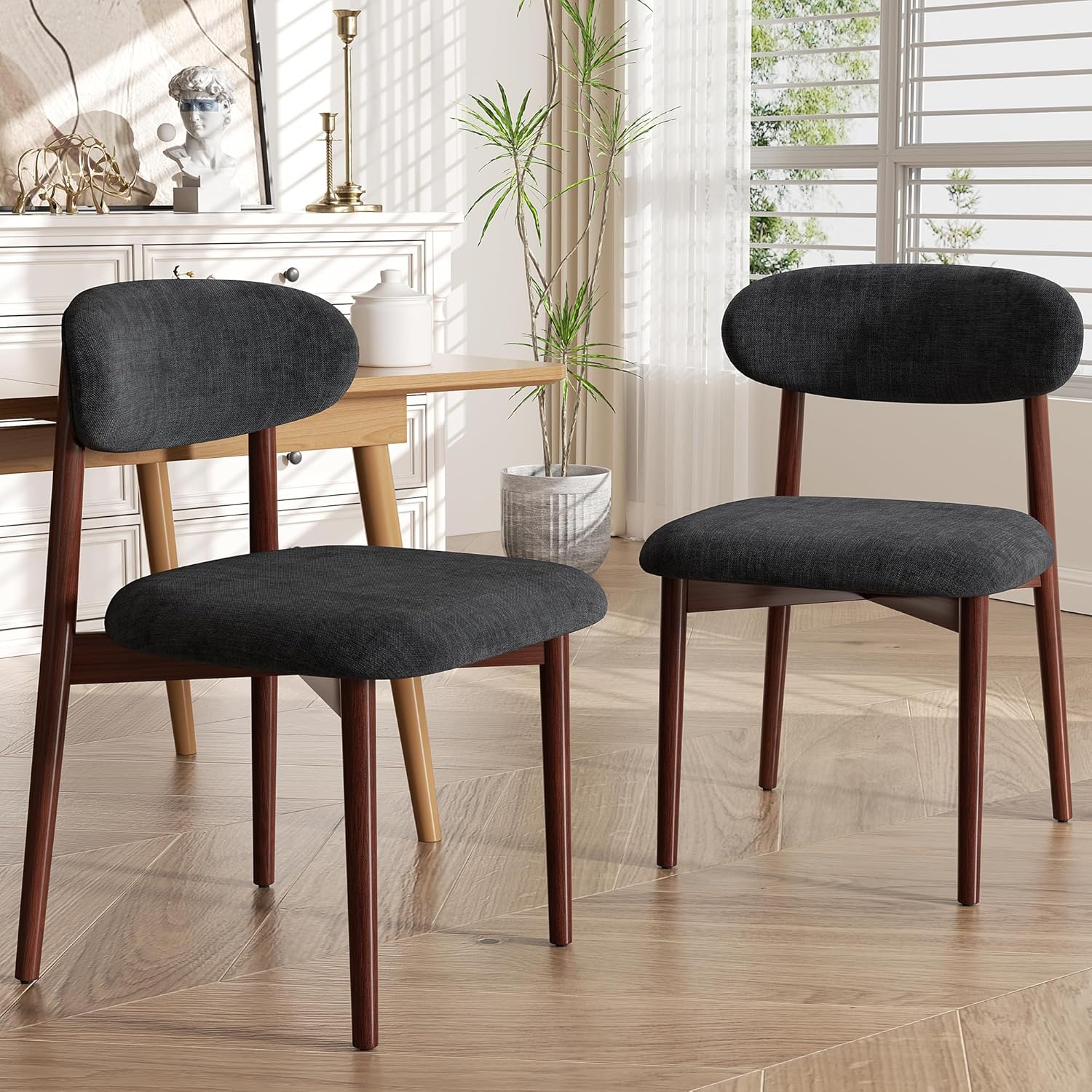 Wooden Dining Chair Set of 4, Modern Dining Chairs with with Curved Back, Fabric Upholstered Kitchen Room Chairs with Adjustable Legs for Farmhouse Dining Living Room,Dark Grey