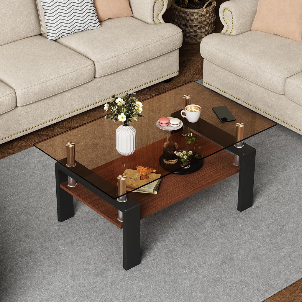 IANIYA 3 Pieces Living Room Table Set, Coffee Table Set of 3 Modern Rectangle Tempered Glass Coffee Table with 2 End Side Tables, 3 Piece Table Sets for Apartment Home Office (3, Brown)