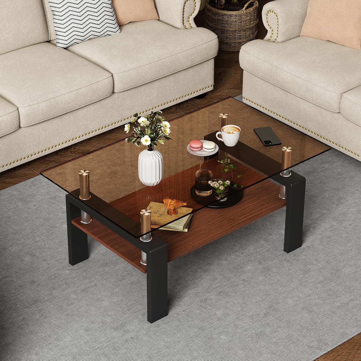 IANIYA 3 Pieces Living Room Table Set, Coffee Table Set of 3 Modern Rectangle Tempered Glass Coffee Table with 2 End Side Tables, 3 Piece Table Sets for Apartment Home Office (3, Brown)