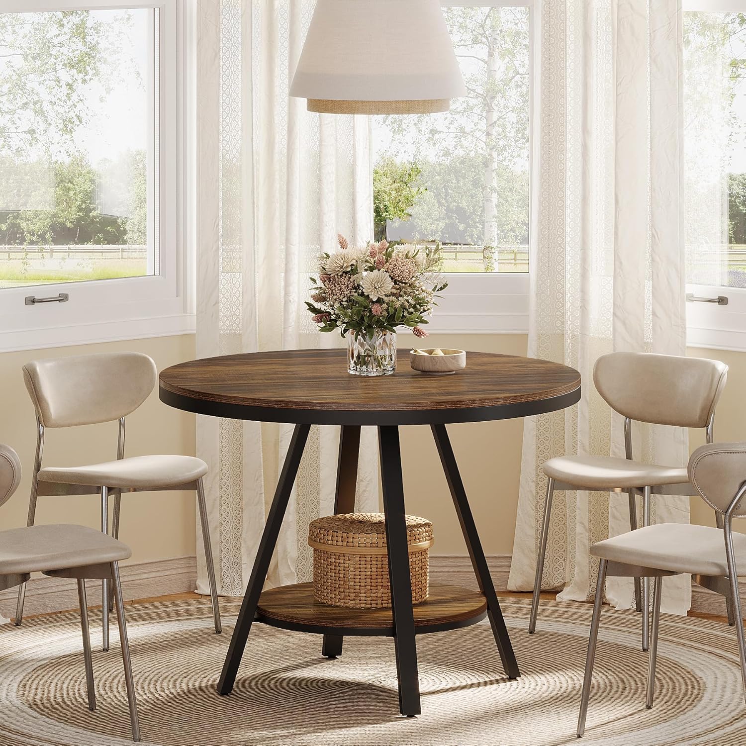 Tribesigns 2-Tier Industrial Round Dining Table, Small Kitchen Dinner Table for 2-4 People, 35-Inch Circle Wood Kitchen & Dining Room Furniture with Sturdy Metal Leg, Rustic Brown