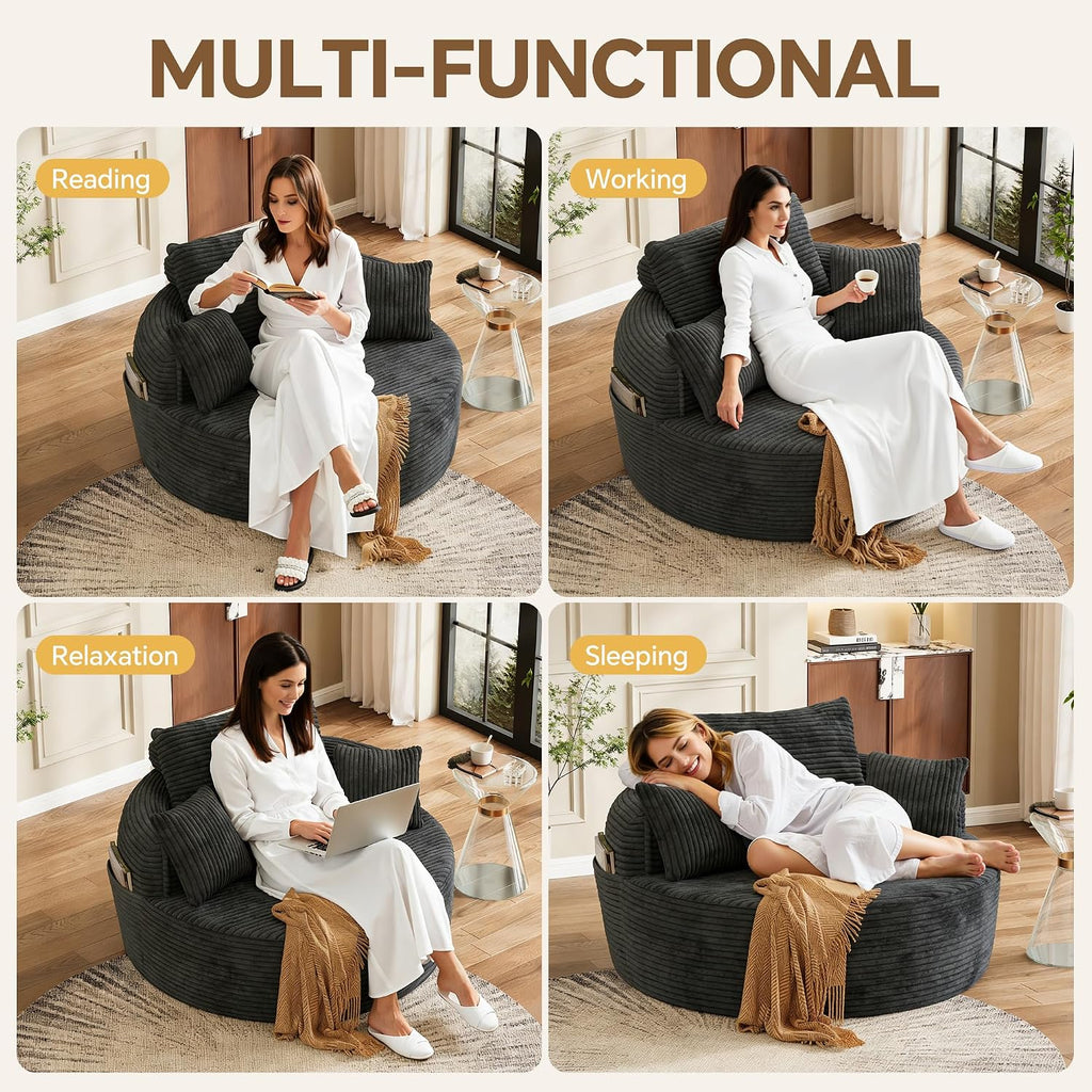 55" Oversized Round Chaise Lounge Chair Indoor, Upholstered Plush Deep Seat Circle Single Cloud Lounge Floor Sofa Chair with 4 Pillows with Side Pocket, Living Room, Bedroom Apartment, Dark Gray