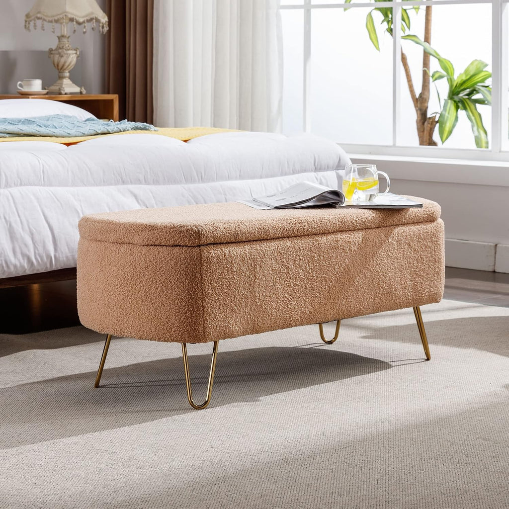 Storage Ottoman Bench for End of Bed Gold Legs, Modern Faux Fur Entryway Bench Upholstered Padded with Storage for Living Room Bedroom (Camel)