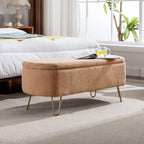 Storage Ottoman Bench for End of Bed Gold Legs, Modern Faux Fur Entryway Bench Upholstered Padded with Storage for Living Room Bedroom (Camel)