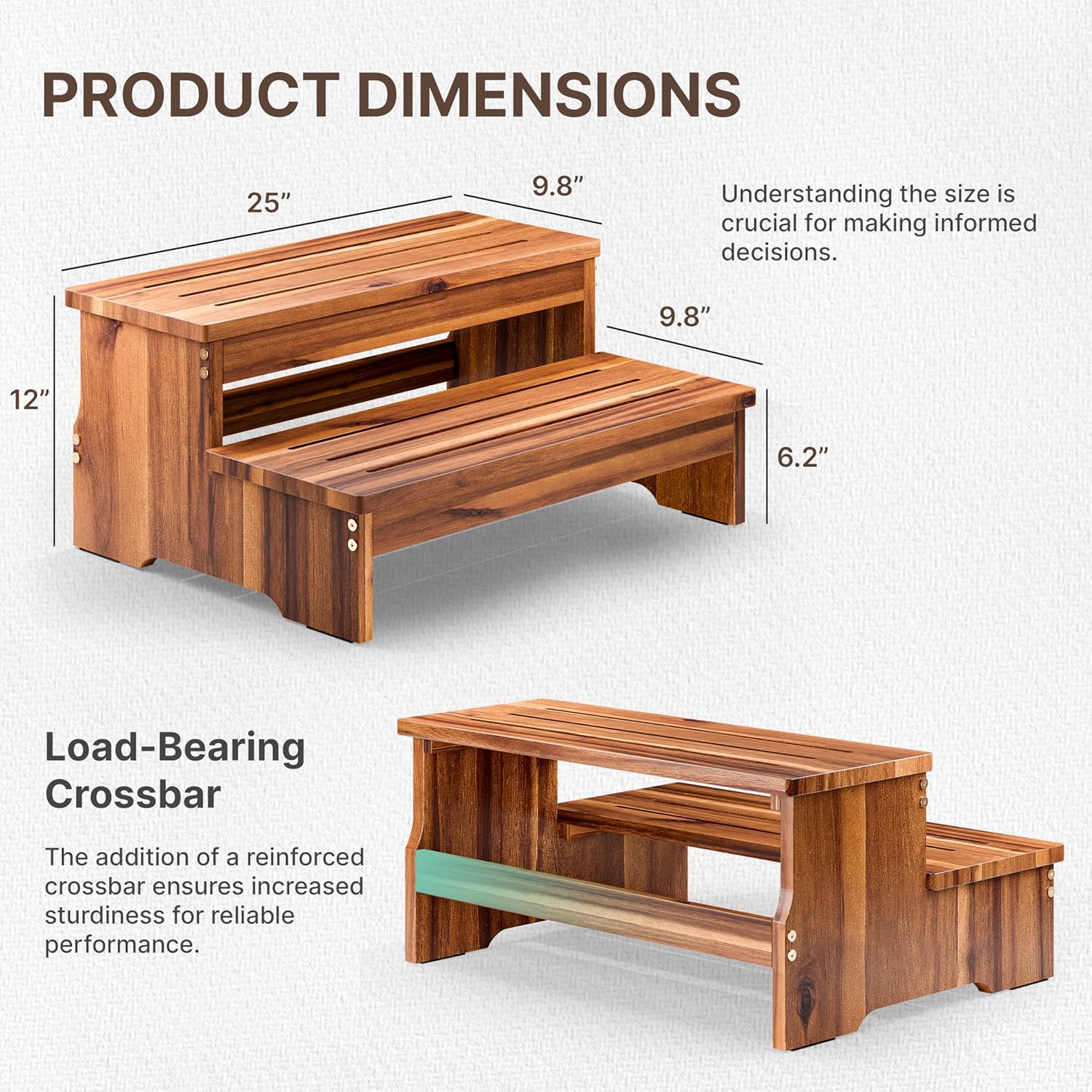 TINAMO 25" Long Step Stool for Adult & Kid - Acacia Wood Two Step Stool 500 Lbs - Wooden Riser 2-Step Spa & Hot Tub Stairs for Pool - Heavy Duty 2 Step Stools for Bed, Kitchen,Outdoor (Patent Pending)
