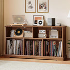 IRONCK 55in Mid-Century Modern Record Player Stand, Record Player Cabinet with Charging Station & USB Ports, Vinyl Record Storage Cabinet with Open Shelf for Living Room, Music Room, Walnut