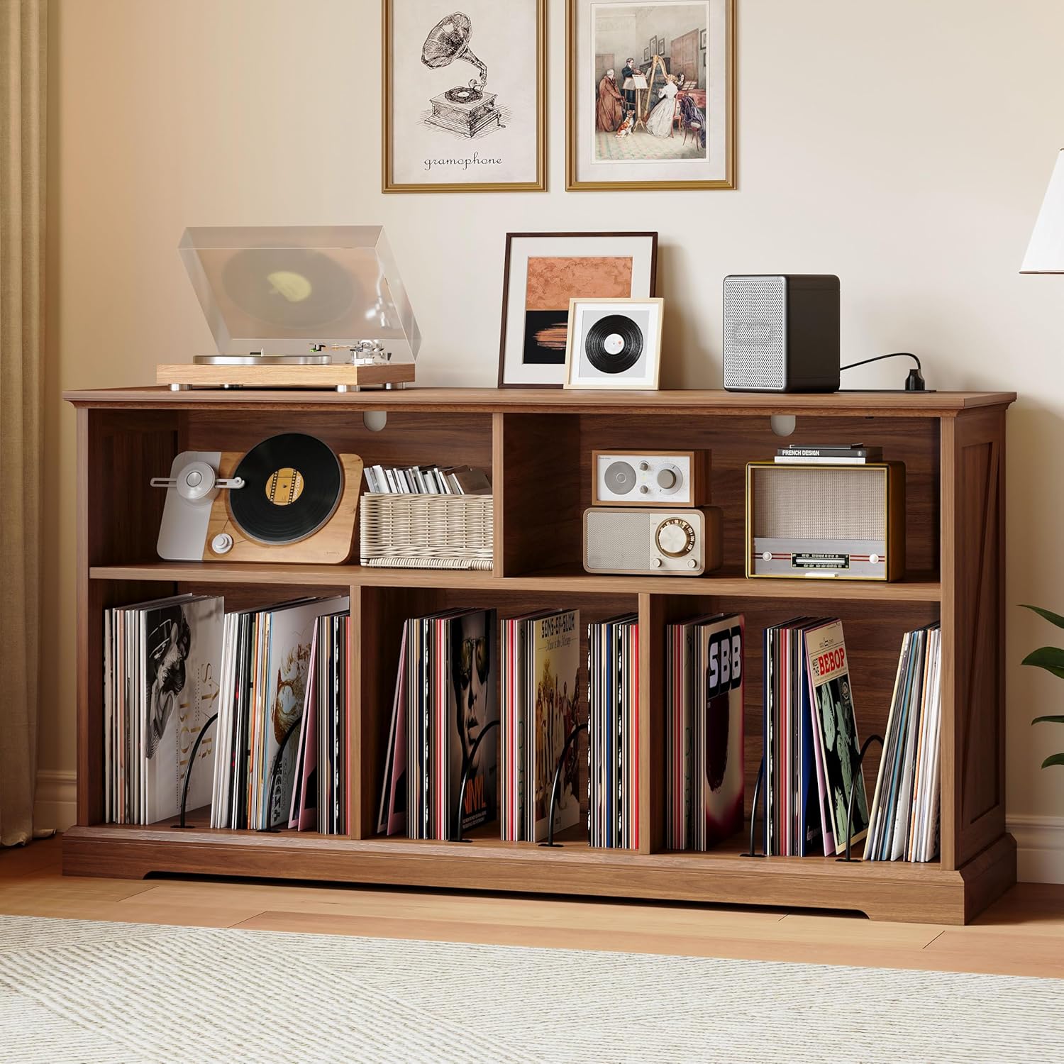 IRONCK 55in Mid-Century Modern Record Player Stand, Record Player Cabinet with Charging Station & USB Ports, Vinyl Record Storage Cabinet with Open Shelf for Living Room, Music Room, Walnut