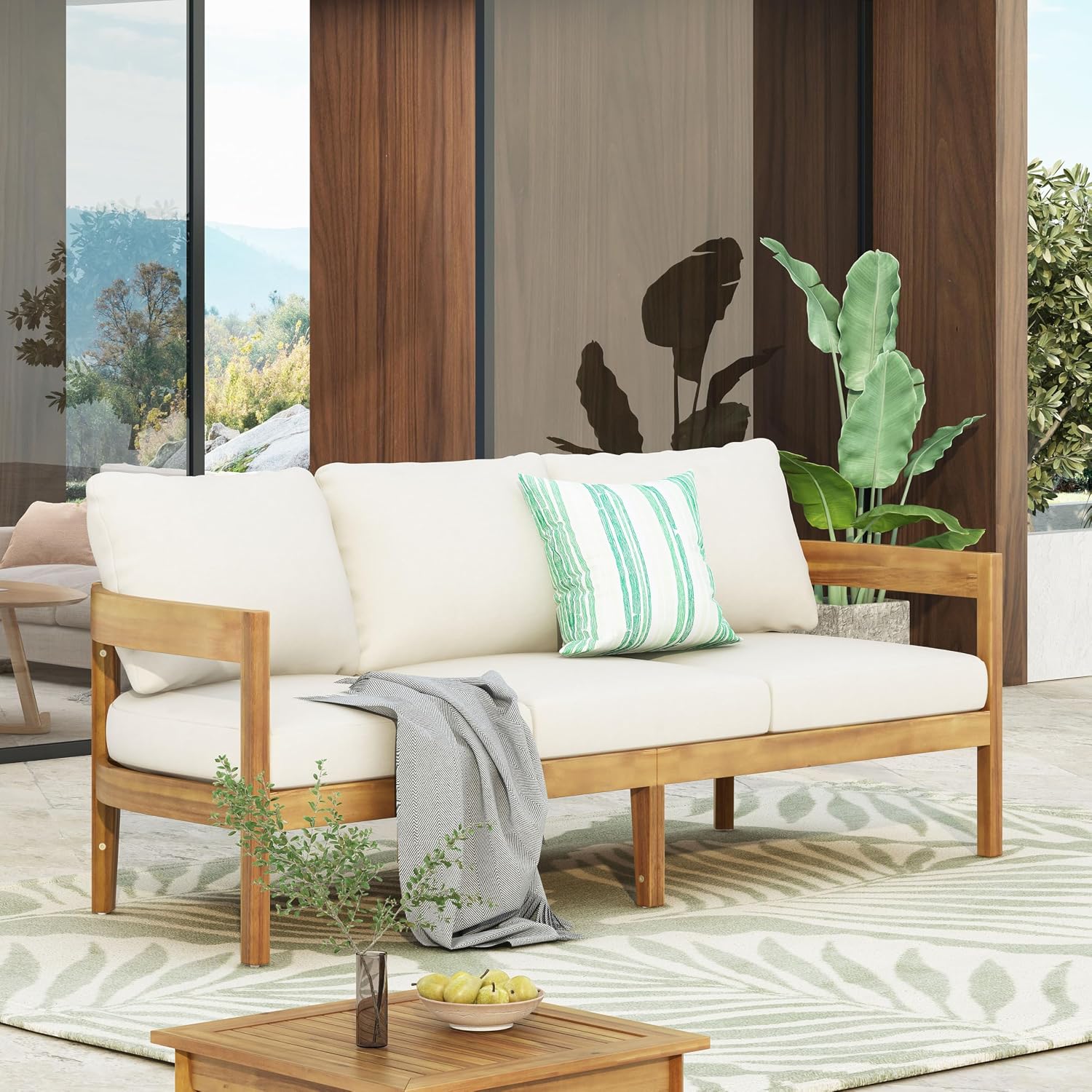 Merax 76.5" Outdoor Acacia Wood Frame 3 Seater Sofa with Cushions for Patio,Garden