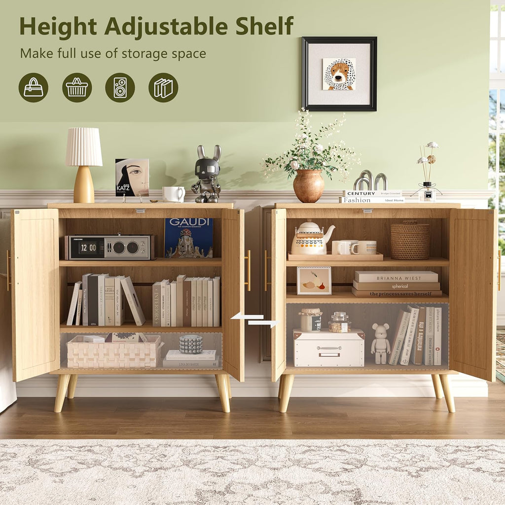 15.7"D Rattan Buffet Sideboard Cabinet with Storage, Modern Accent Cabinet with Adjustable Shelf & Solid Wood Legs, Coffee Bar Cabinet with Doors for Kitchen, Living Room, Entryway, Natural Oak