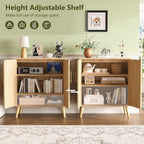 15.7"D Rattan Buffet Sideboard Cabinet with Storage, Modern Accent Cabinet with Adjustable Shelf & Solid Wood Legs, Coffee Bar Cabinet with Doors for Kitchen, Living Room, Entryway, Natural Oak