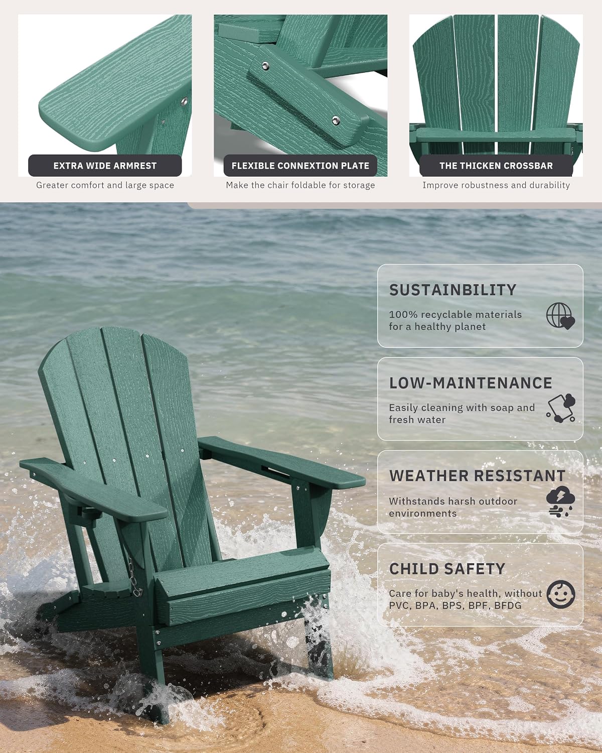 AreShark Folding Adirondack Chairs Set of 2, Wooden Textured Patio Chairs with Cup Holder,HDPE All Weather Fire Pit Chairs for Outdoor Backyard Lawn Poolside Deck Porch Garden,Aruba Blue