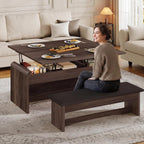 Lift Top Coffee Table 4-in-1, 40 Inches Coffee Table Set with Bench & Hidden Compartment, Multi-Function Converts to Dining Table for Living Room, Home Office, Lifting Top Tables, Walnut