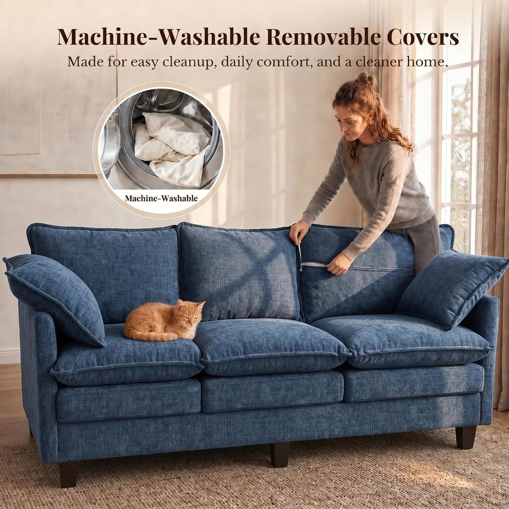 69 Inch Small Sofa, 3-Seater Loveseat Couch with Cloud 2 Layer Cushion, 22.8" Deep Seat, Oversized Pillows, Chenille Fabric, Compact for Small Spaces,Apartment, Living Room, Studio, Office, Blue