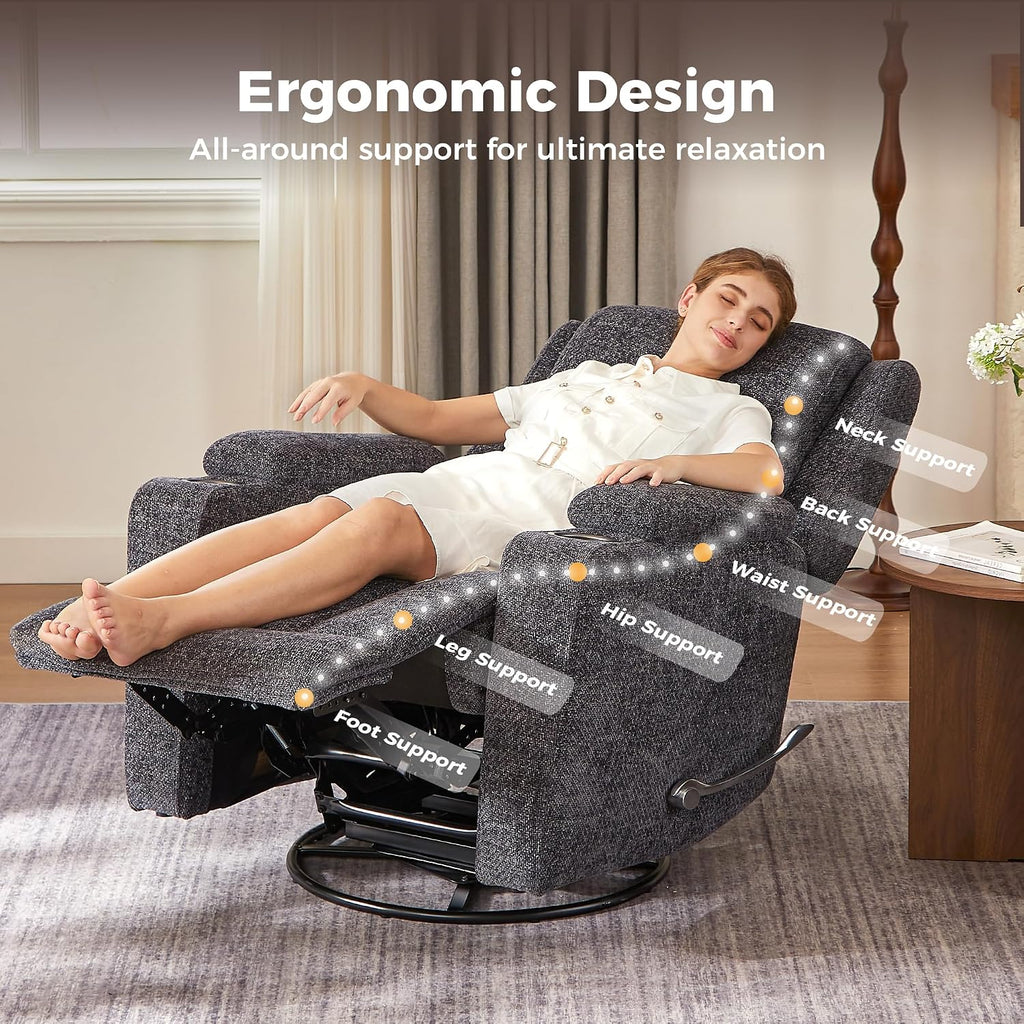 Swivel Rocker Recliner Chair with Dual Cup Holders, 360° Glider Rocking Nursery Armchair, Overstuffed Ergonomic Chenille Reclining Sofa for Living Room, Theater, Gaming, 360 lbs Capacity, Dark Grey