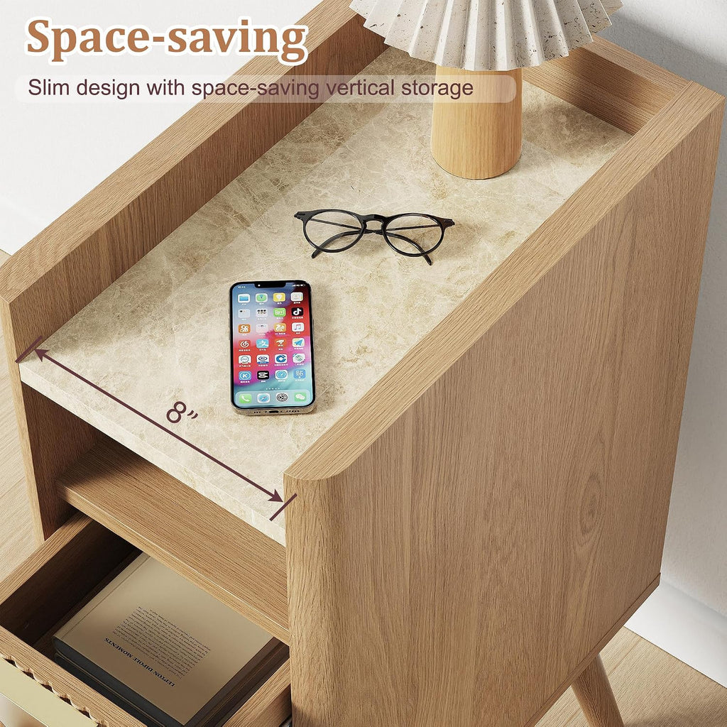 26.4" Tall Narrow Nightstand, 9.8" Wide Fluted End Table with 2 Drawer & Open Shelf, Wood Night Stand w/Rounded Corner, Slim Side Table for Bedroom/Entryway/Living Room, Natural