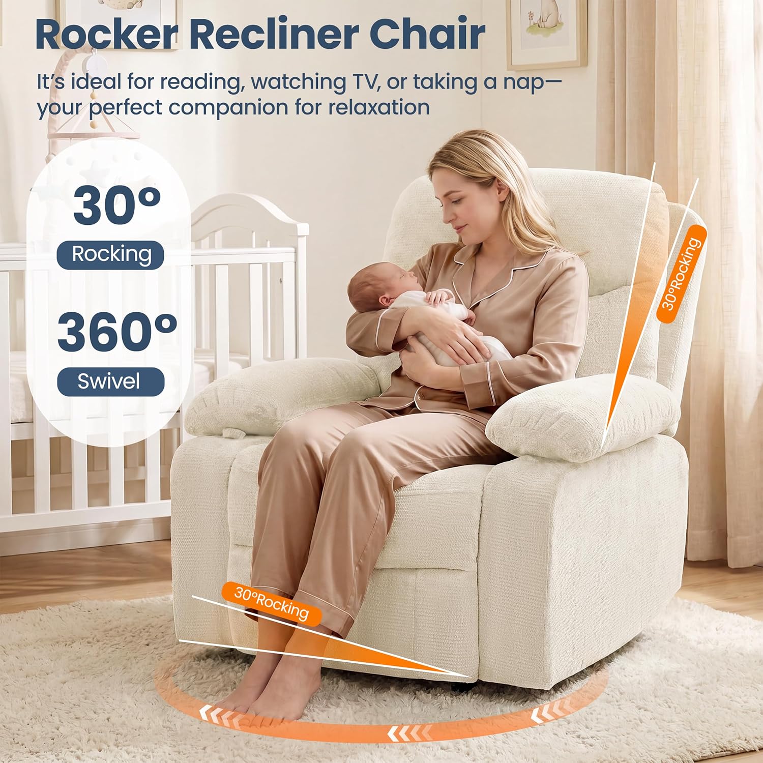 FiveWillowise Rocking Chair Nursery with Adjustable Armrests, 360° Swivel Rocker Recliner for Moms, Manual Gilder Rocker Nursing Chair with Wide Foot Rest for Living Room, Bedroom, Beige