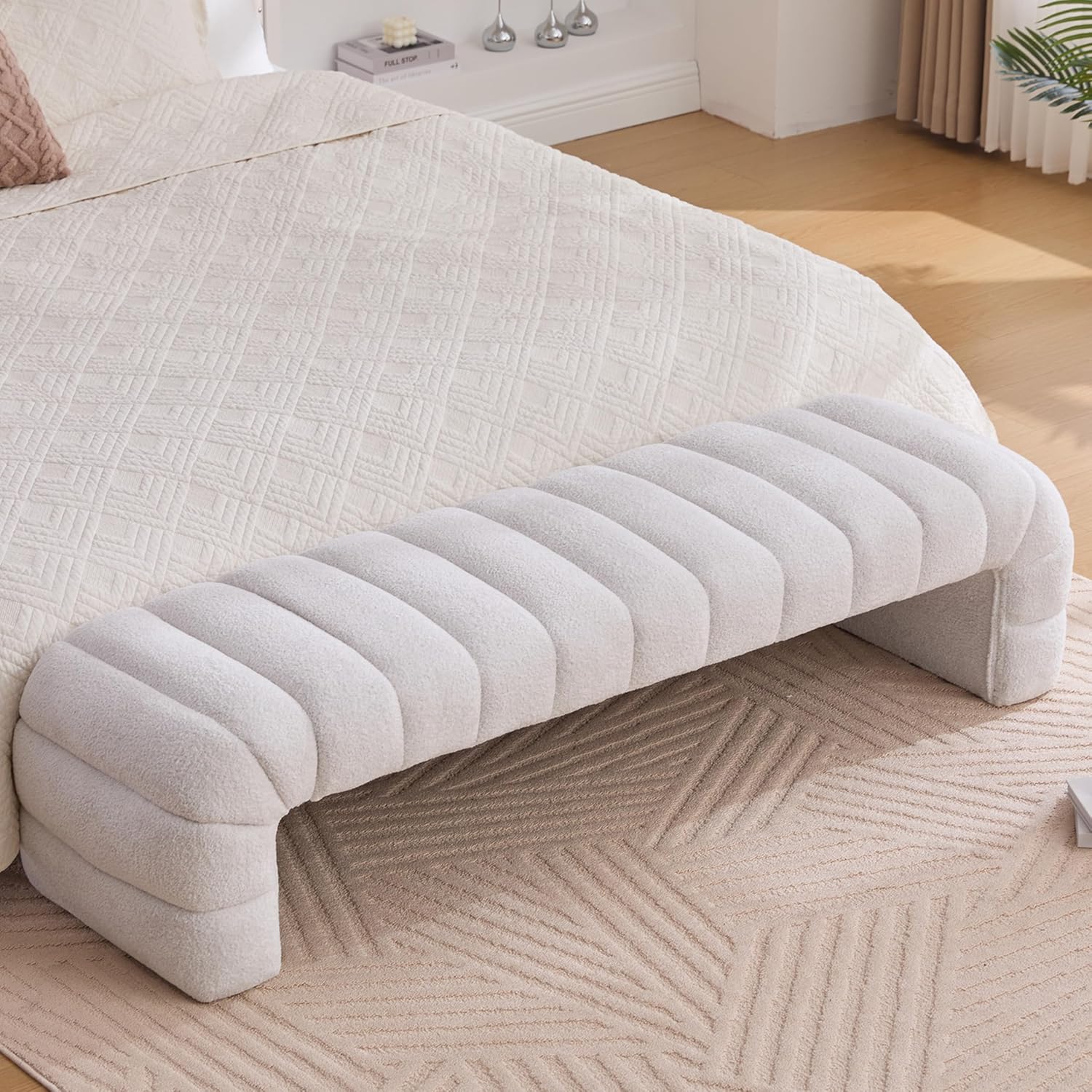 Arched Ottoman Bench for Bedroom Living Room,69.7" Chenille Long Benches for Bed End King Size,Modern Channel Tufted Seating Bench for Entryway,Window,Bedside (Ivory, 69.7")
