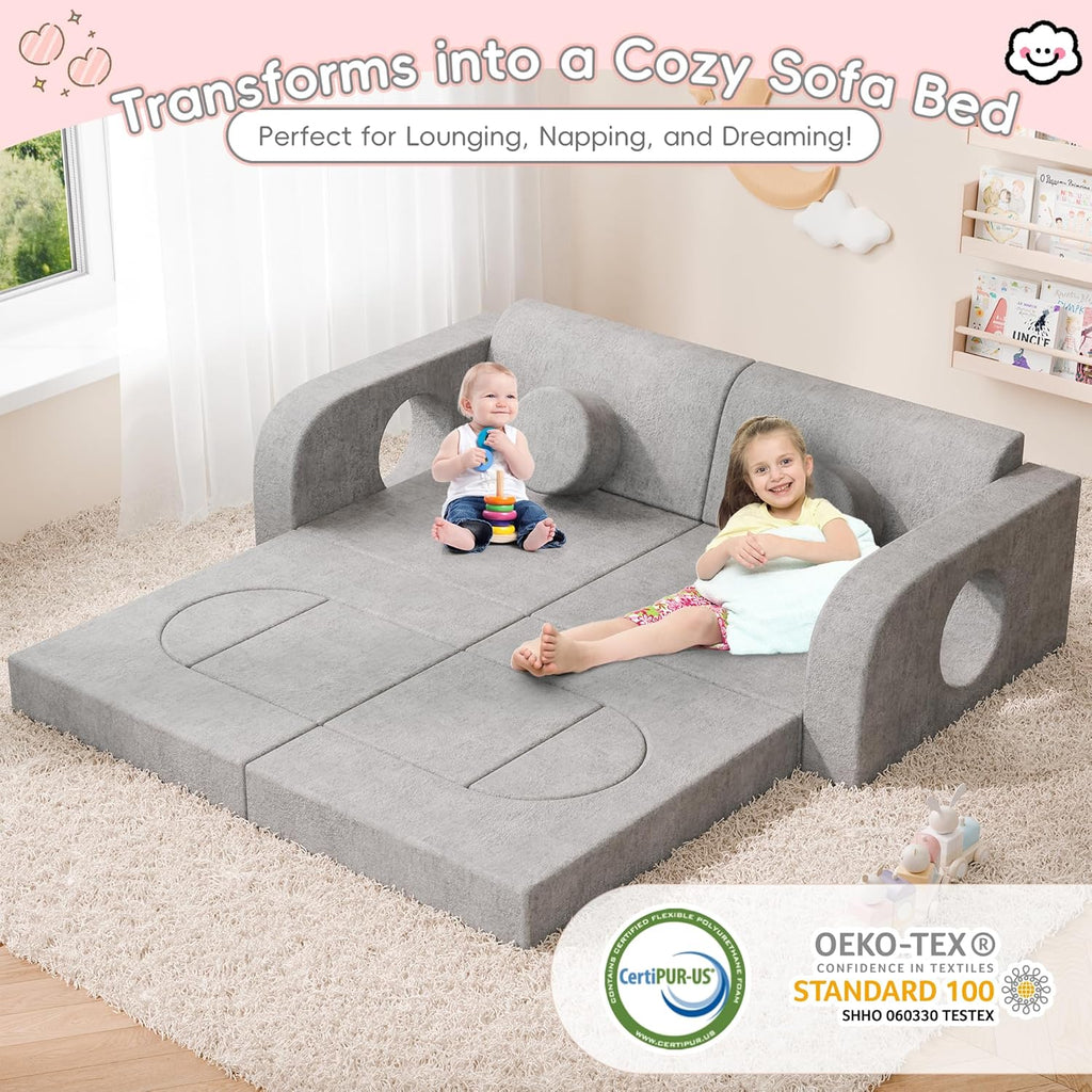 Betterhood 14pcs Modular Kids Play Couch, 1000+DIY Versatile Kids Couch Building Fort, Child Sectional Sofa for Playroom Bedroom, Convertible Foam Sofa for Boys & Girls (Grey)