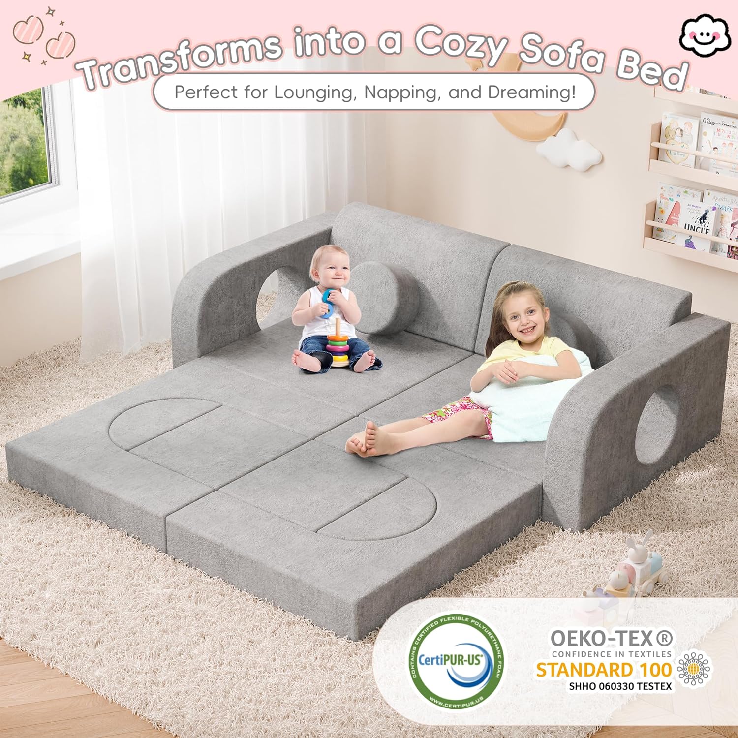 Betterhood 14pcs Modular Kids Play Couch, 1000+DIY Versatile Kids Couch Building Fort, Child Sectional Sofa for Playroom Bedroom, Convertible Foam Sofa for Boys & Girls (Grey)