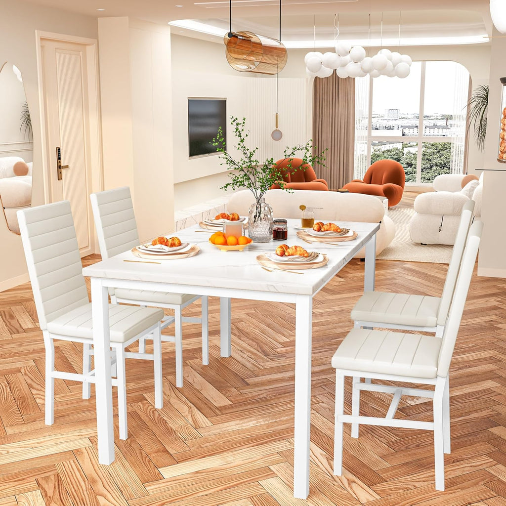Hooseng Dining Table Set for 4, 5-Piece Faux Marble Dinner Table Set with 4 Upholstered PU Leather Chairs Kitchen Table Chairs Set Modern Space-Saving Dinette Set for Breakfast Nook Apartment White