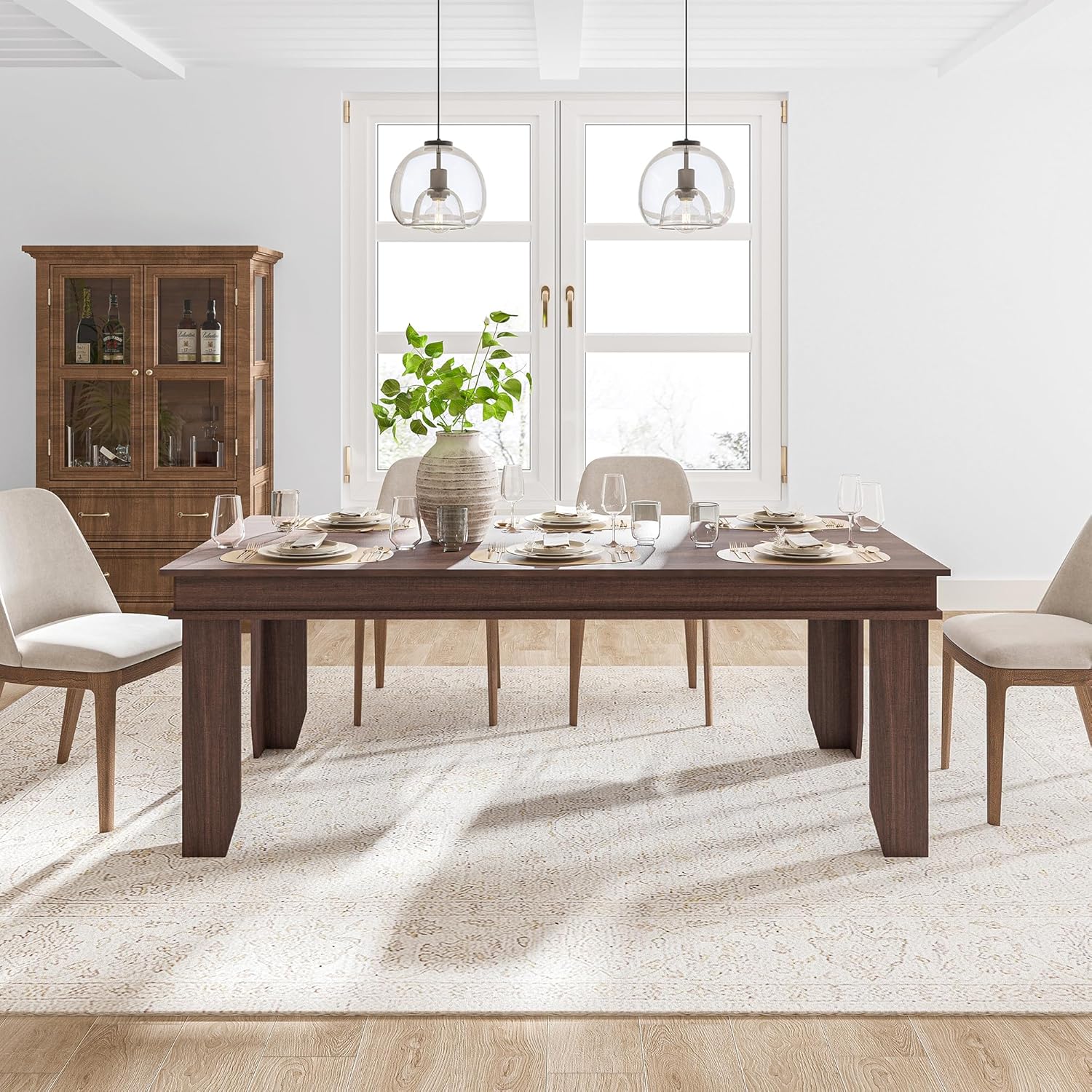 GarveeHome Farmhouse Dining Table for 6-8 People, 71 in Long Kitchen Tables with Wooden Sturdy Frame, 6 ft Large Rectangular Dinner Table for Dining Room, Kitchen (Brown, 71" Non-extendable)