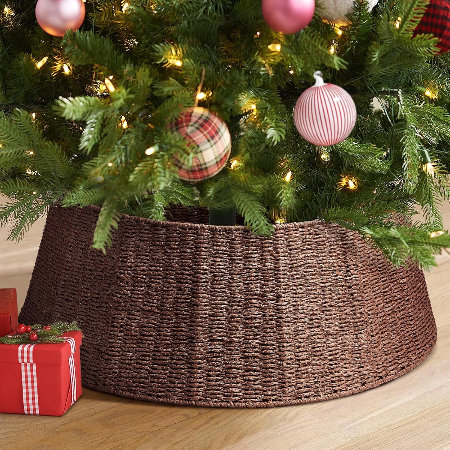 Hommtina Christmas Tree Collar- 33",Christmas Tree Base Christmas Basket Collar for Home, Living Room,for Covering Tree Stand (Brown3, 33 in)