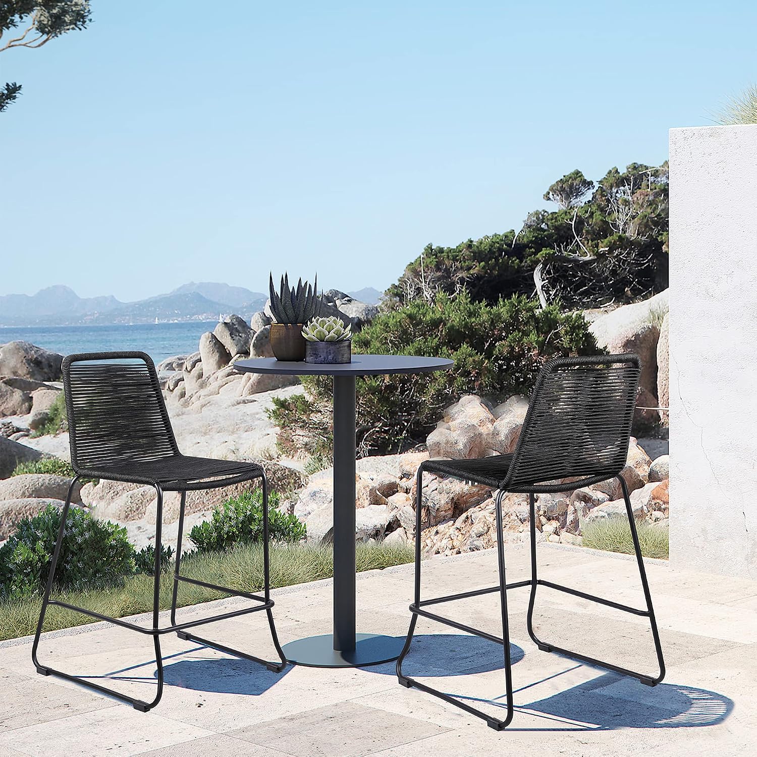 armen LIVING Shasta Indoor Outdoor Patio Metal and Black Rope Stackable Barstool, 30" Seat Height, Set of 2