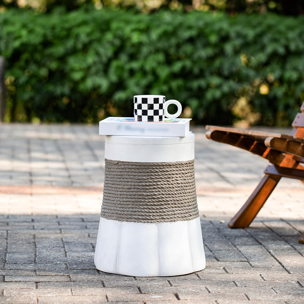 JIJIWANG 16.93" H Outdoor Stone Side Tables for Patio, Moden Coffee Table with Brown Retro Woven Rope and Fan-Base MGO, Small End Table for Home, Office, Living Room & Outdoor Brown+Gray