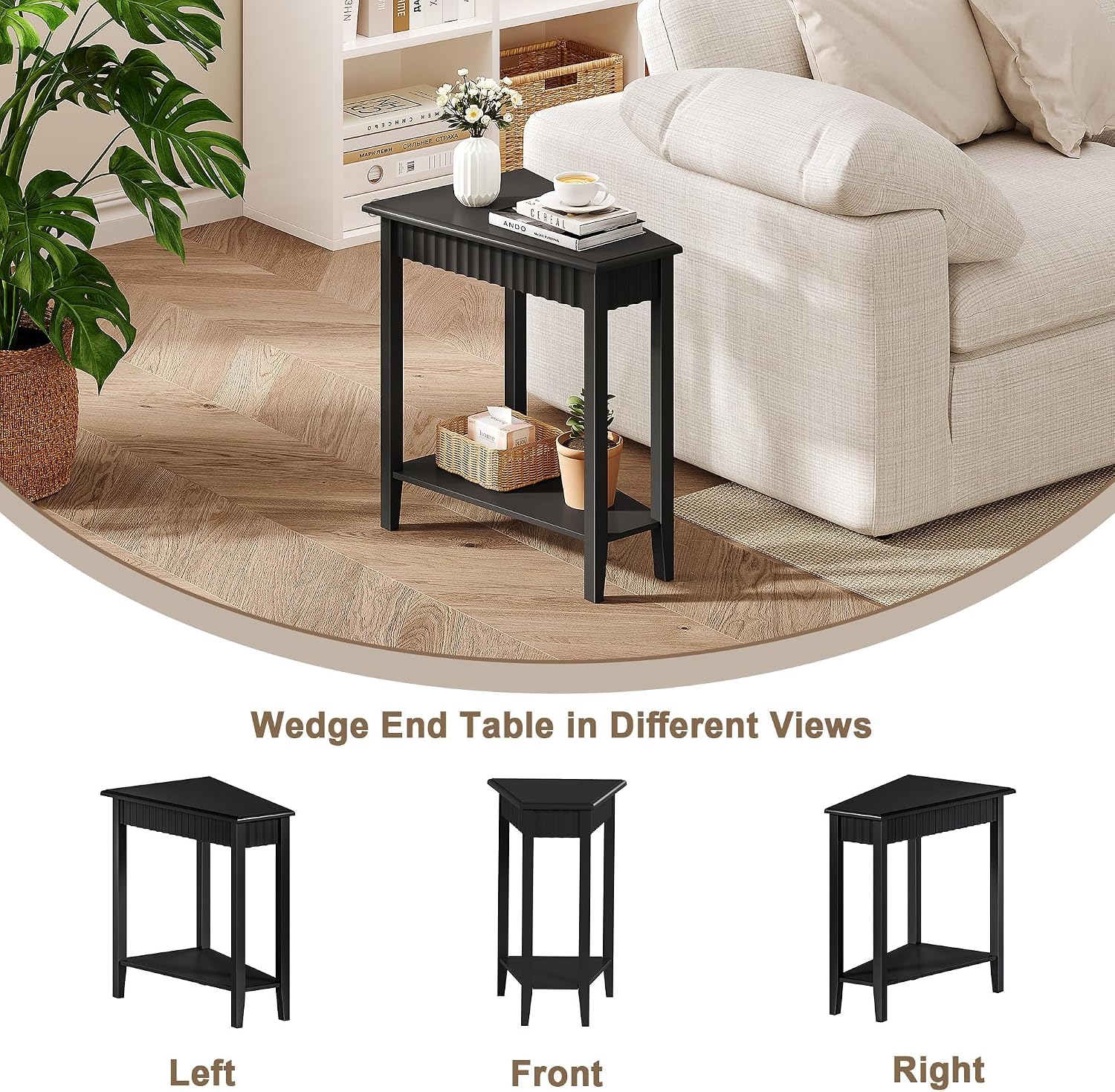 ChooChoo Fluted Recliner Side Tables Set of 2 with 2-Tier Storage Shelf | Wedge End Table for Small Space, Narrow Triangle Side Table for Corner, Living Room, Bedroom, Black