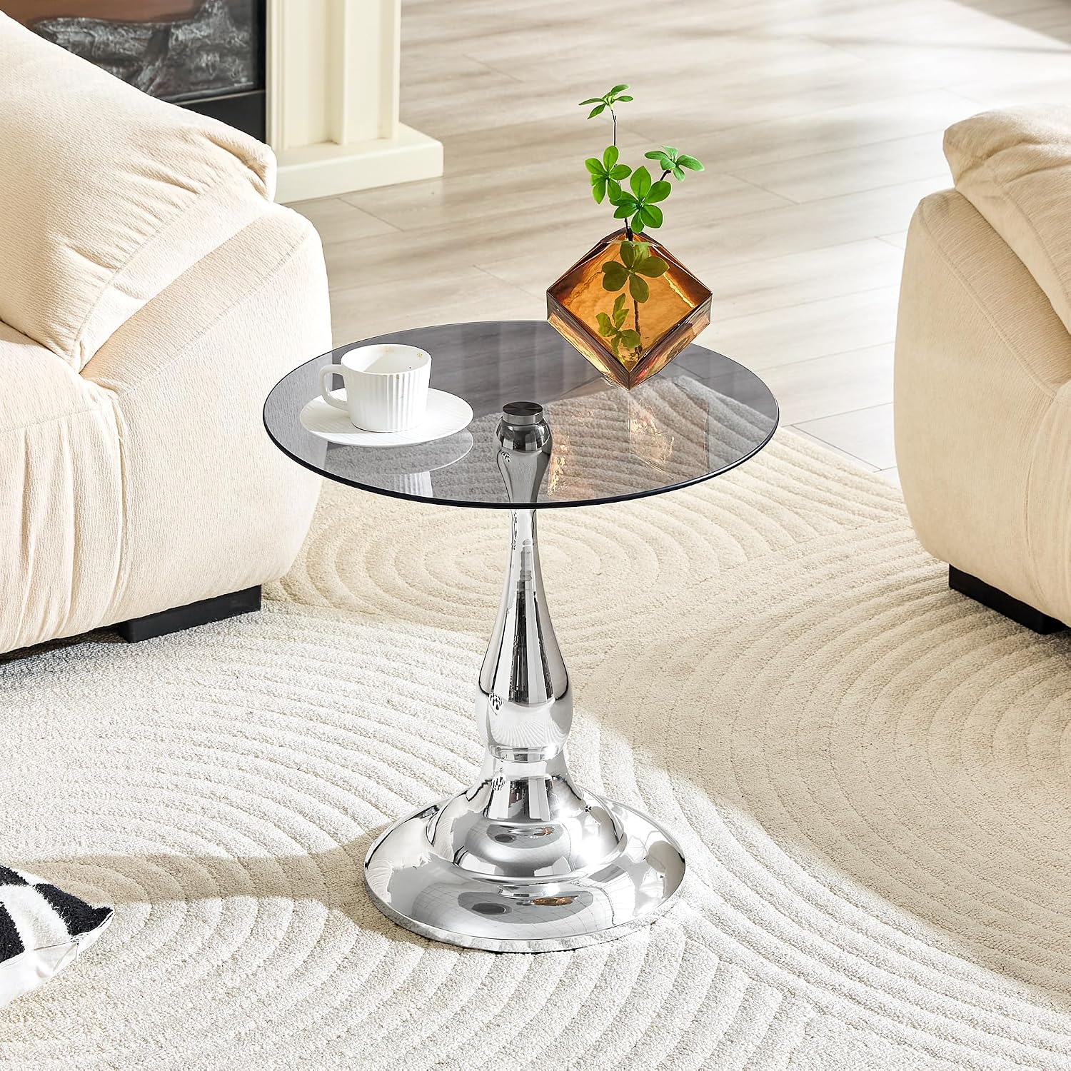 Round Glass Side Table with Silver Metal Base, 19.6'' Gray Tempered Glass Top, Modern Glass Round End Table for Living Room Office, Small Metal Side Table for Compact Space