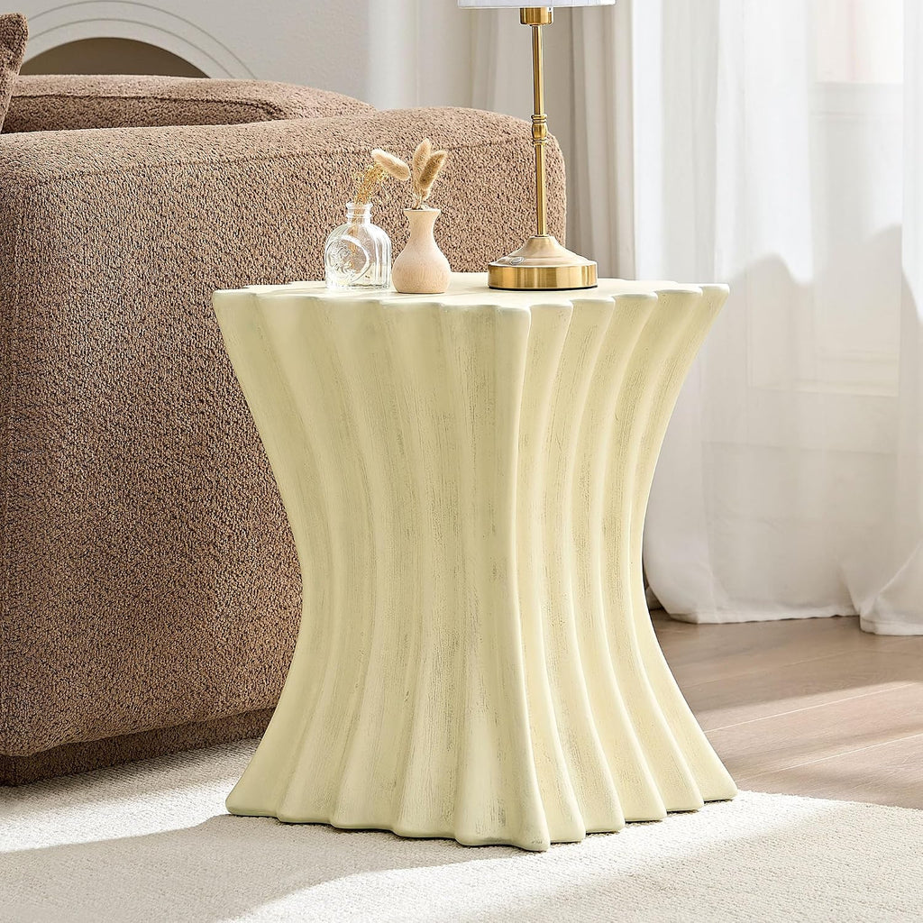 15.16" Square Sofa Side Table with Creative Wavy/Scallop Edge Design, Modern Creative Couch End Table Nightstand for Living Room Apartment Bedroom, No Need Assembly, (Fiberglass, Beige)