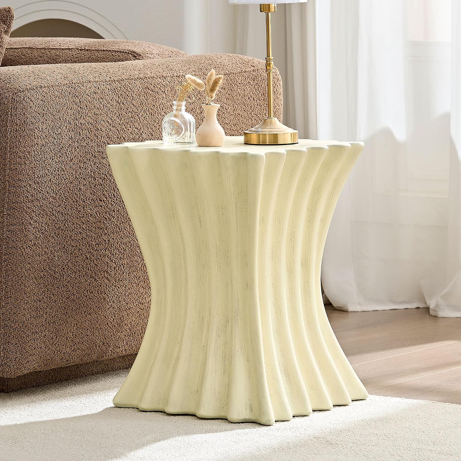 15.16" Square Sofa Side Table with Creative Wavy/Scallop Edge Design, Modern Creative Couch End Table Nightstand for Living Room Apartment Bedroom, No Need Assembly, (Fiberglass, Beige)