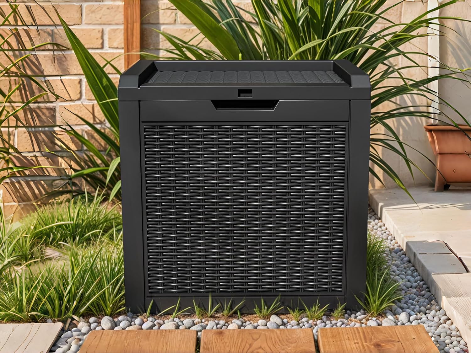 Lockable 32 Gallon Outdoor Storage Deck Box with Lid, Waterproof Resin Patio Seating Bench for Garden Tools, Cushions, Pool Toys, Black