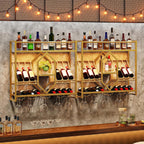 HOOBRO Wall Mounted Wine Rack with LED Light, 31.5" Wine Shelf, 3 Tier Wine Bottle Display Shelf with Glass Holder, Hanging Bar Liquor Storage Rack, for Kitchen, Bar, Gold and White DW73DBJ01