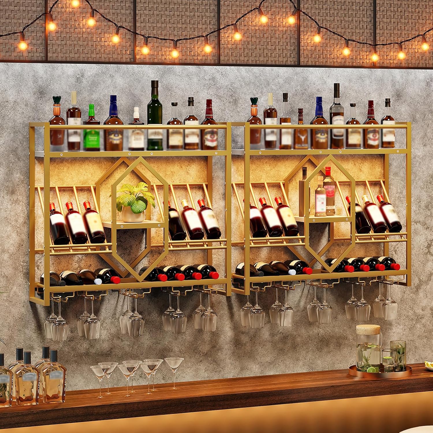 HOOBRO Wall Mounted Wine Rack with LED Light, 31.5" Wine Shelf, 3 Tier Wine Bottle Display Shelf with Glass Holder, Hanging Bar Liquor Storage Rack, for Kitchen, Bar, Gold and White DW73DBJ01