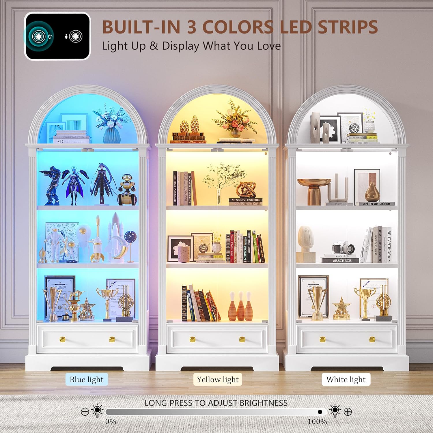Dystler Lighted Display Cabinet with Glass Doors, 72" Tall Curio Cabinet - 4 Tier Display Case with Human Sensor Lights, Bookcase for Collectibles Toys Books, White