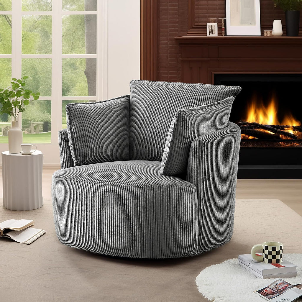 Swivel Accent Chair Round Barrel Armchair Upholstered Living Room Chair Corduroy Reading Chair Single Sofa Chair for Bedroom Apartment Office (Grey, Standard 1Seater)