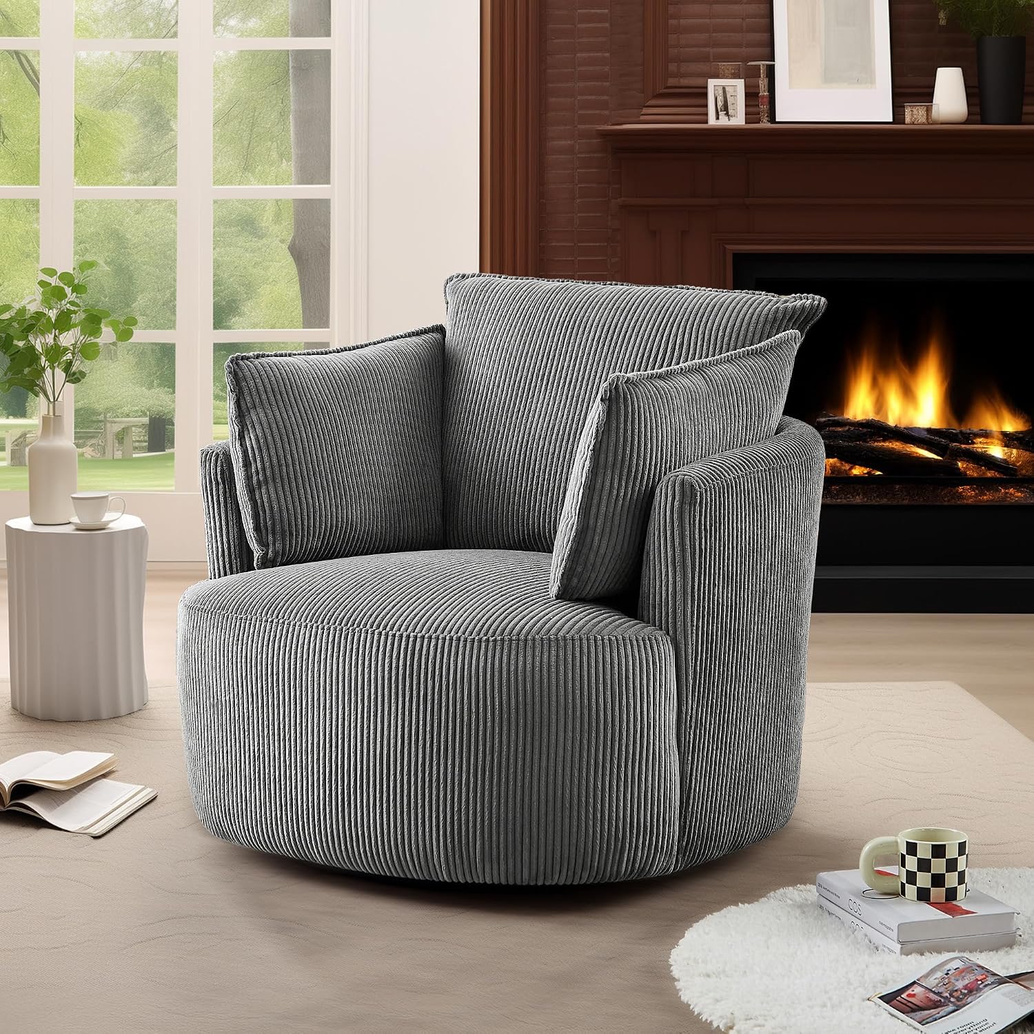 Swivel Accent Chair Round Barrel Armchair Upholstered Living Room Chair Corduroy Reading Chair Single Sofa Chair for Bedroom Apartment Office (Grey, Standard 1Seater)