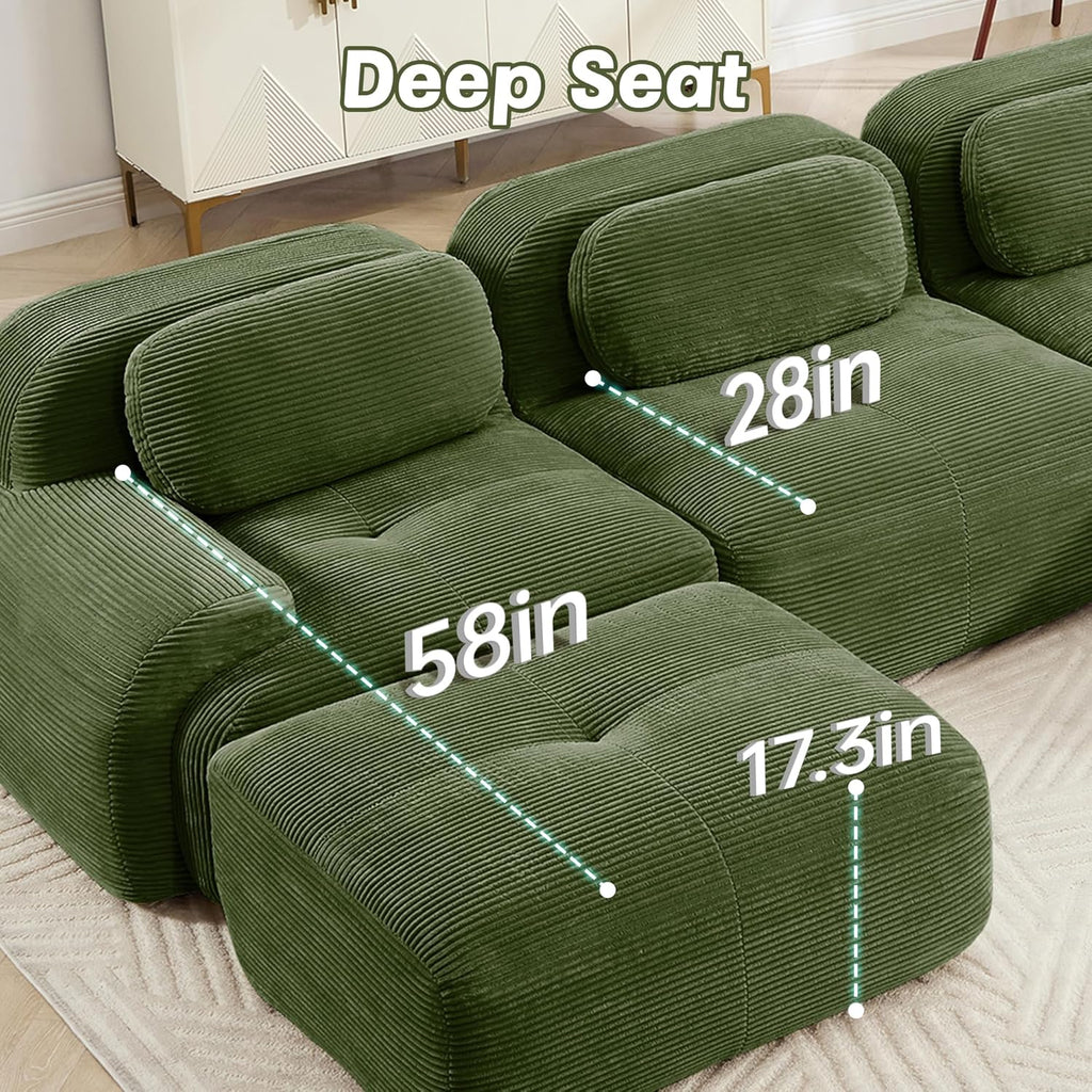 Modular Sectional Sofa Boneless Couch, U Shaped Sectional Couches for Living Room, Oversized Cloud Couch with Deep Seat and Ottoman, Comfy Corduroy Upholstery Green Couches, No Assembly(3S+2O)