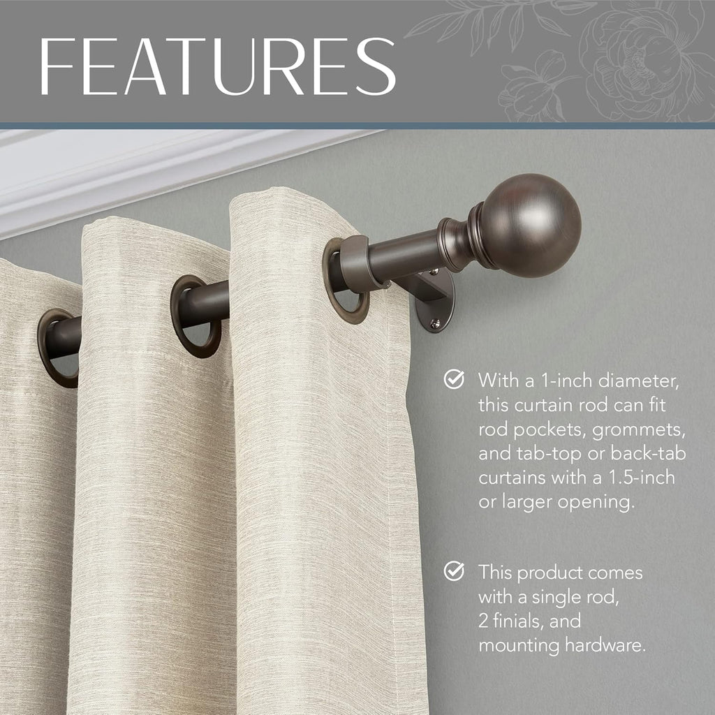 Elrene Home Fashions Cordelia Adjustable Single Curtain Rod with Globe Ball Finials, 1 Inch Diameter, Antique Pewter, 48"-86"