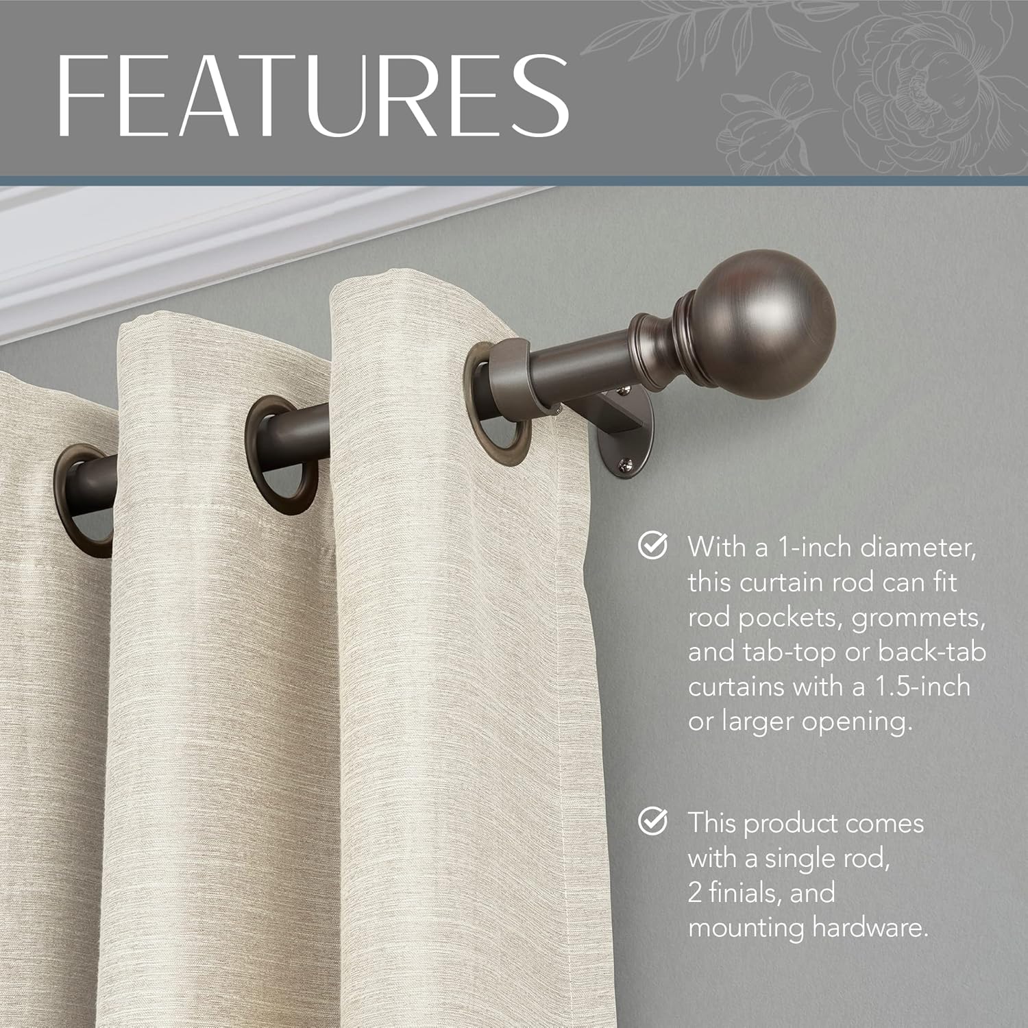 Elrene Home Fashions Cordelia Adjustable Single Curtain Rod with Globe Ball Finials, 1 Inch Diameter, Antique Pewter, 48"-86"