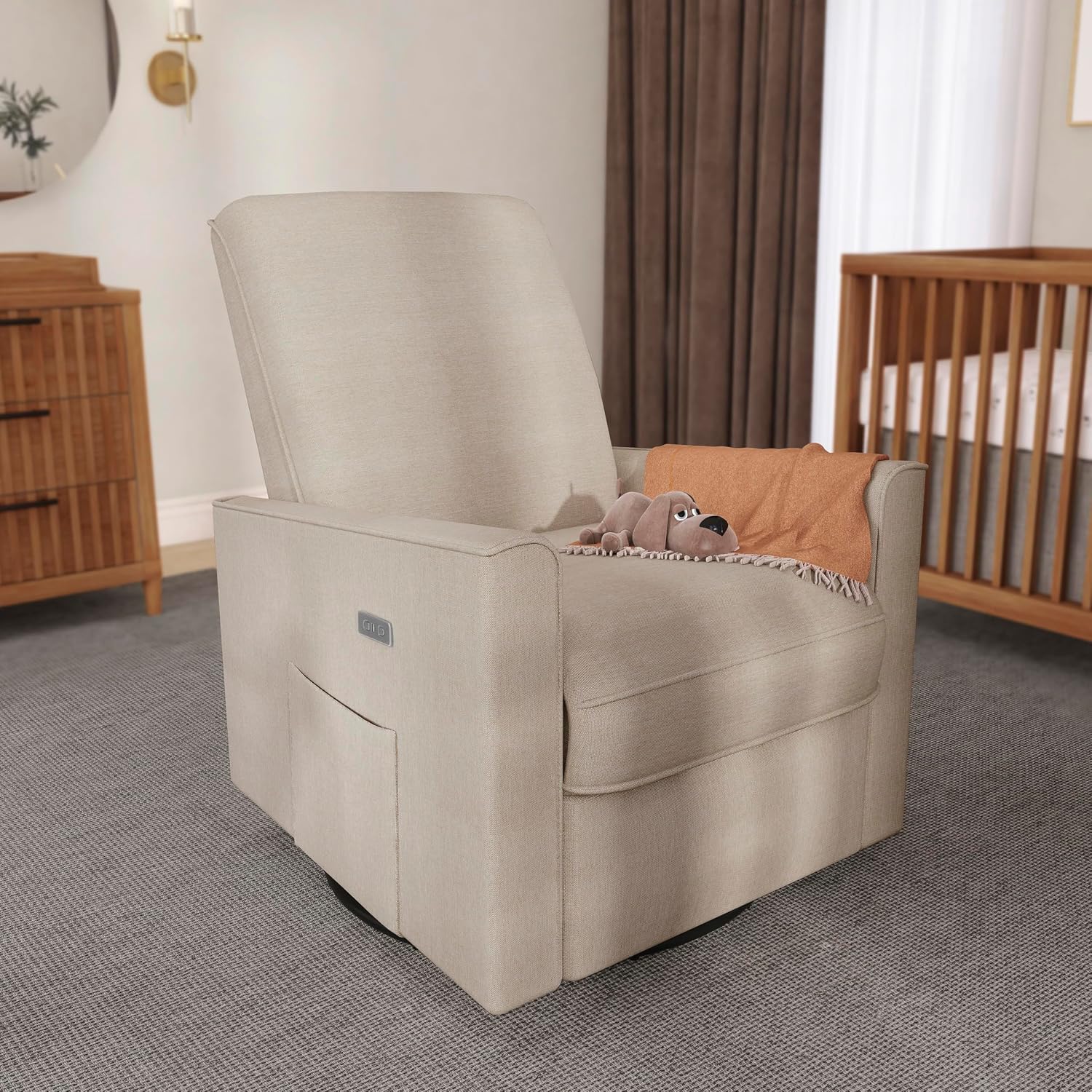 Evolur Harlow Upholstered Power Glider Recliner with USB Charging – Rocking & 275° Swivel with Smooth Glide – Greenguard Gold & FSC Certified – Modern Nursery and Living Room Chair in Tan