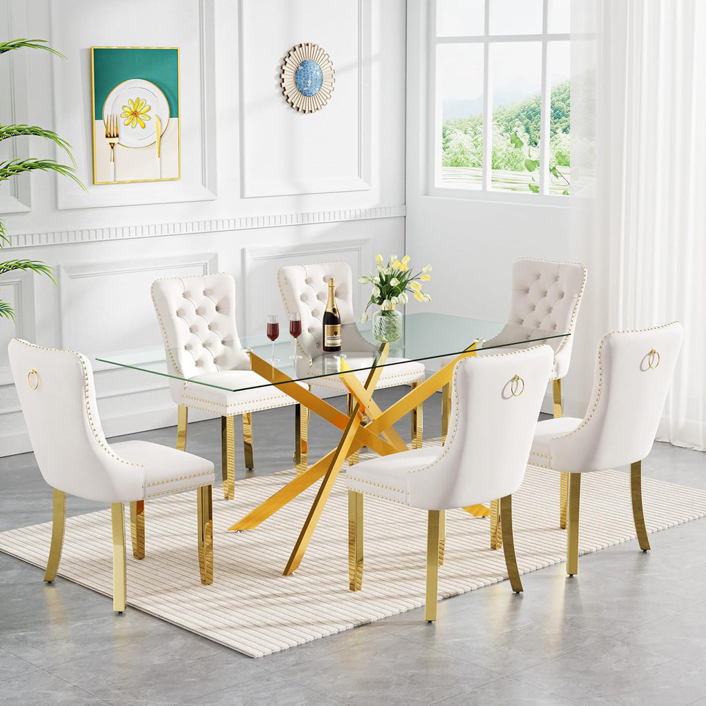 60" Modern Gold Glass Dining Room Table Set for 6, 7-Piece Rectangle Kitchen Dining Table Set with Cross Chrome Metal Legs & 6 Beige Velvet Upholstered Chairs, Kitchen Table and Chairs Set