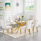 SSLine 61" Glass Dining Table Set for 6,Modern 7 Pieces Kitchen Table and Chairs Set w/Gold Tempered Glass Tabletop and 6 Velvet Chairs for Kitchen Apartment