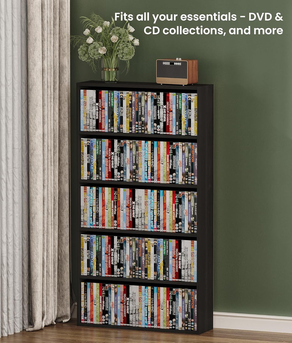 DVD Storage Cabinet Shelf, 5 Tier Media Storage Tower for CDs & Video Games, Freestanding Organizer Shelf for Living Room Home Office, Holds 200+ DVDs(Black)