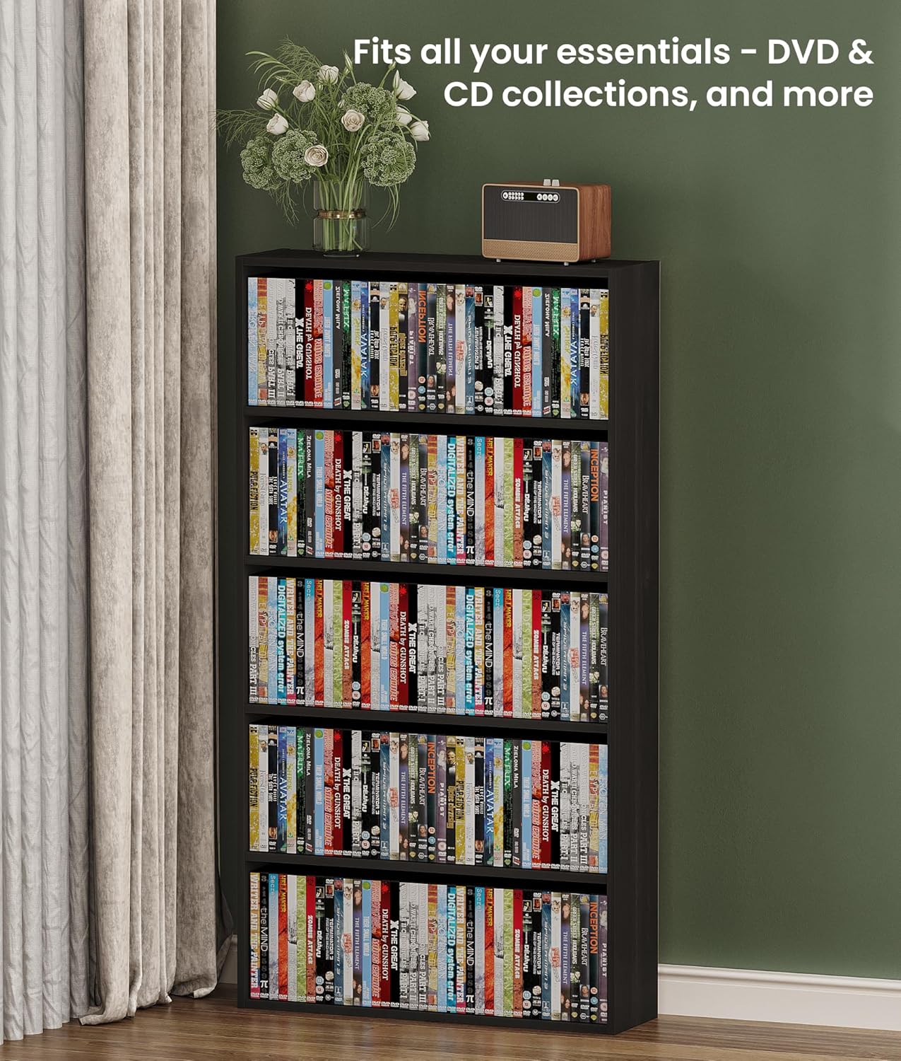 DVD Storage Cabinet Shelf, 5 Tier Media Storage Tower for CDs & Video Games, Freestanding Organizer Shelf for Living Room Home Office, Holds 200+ DVDs(Black)