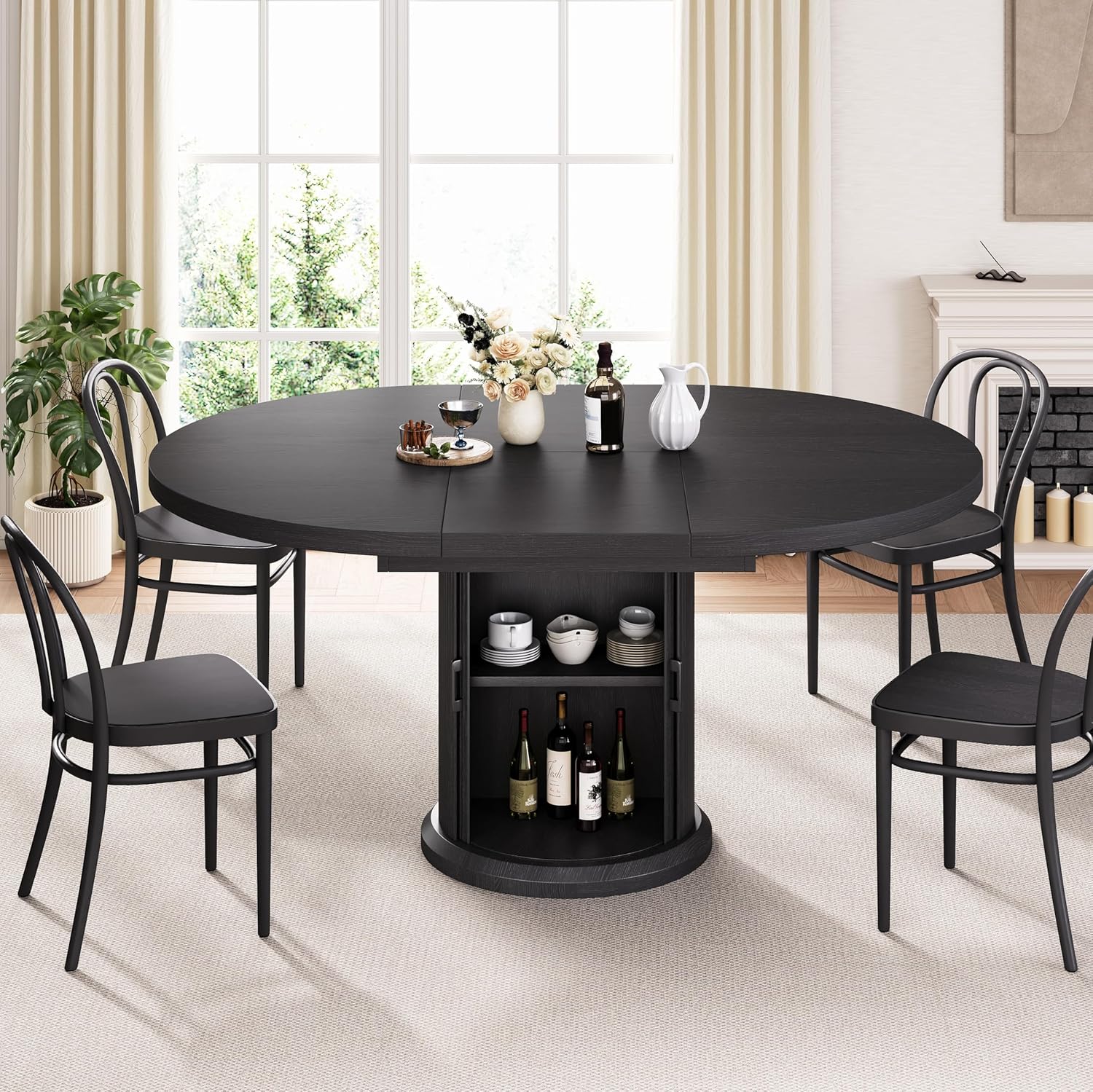 Jocoevol 47″–63″ Extendable Round Dining Table for 4–8 with Dust-Proof 2-Tier Storage Shelf Space-Saving Expandable Dining Room Table Wood Oval Circle Dining Table with Pedestal Base (Deep Black)