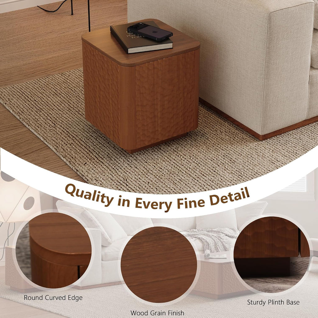 20 inch Square End Table, Wooden Sofa Side Table with Hammered Pattern & Solid Wood Veneer, Mid Century Modern Nightstand, Accent End Table for Living Room, Bedroom, Home Office, Walnut