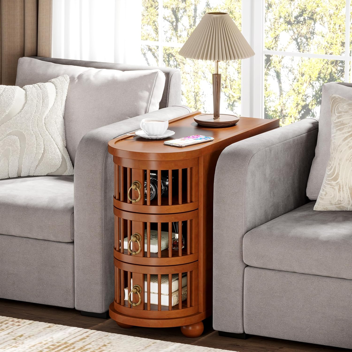 No Assembly Required 3-Drawer Wood End Table with Grooved Hollow Drawers and Premium Solid Wood Original Legs (1, Brown)