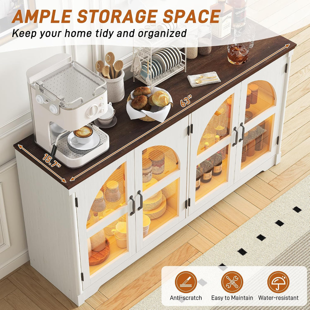 63 Inch Sideboard Buffet Cabinet,Modern Arched Buffet with Led Lights and Glass Doors,Kitchen Buffet Cabinet with Storage Large Curved Cabinets w/Adjustable Shelves for Living Room,Kitchen,White